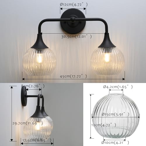 Image of Pathson 2-Lights Globe Wall Sconce Light, Striped Glass Bathroom Wall Vanity Lamp for Mirror, Hardwired Vintage Wall Sconce Lighting for Wall Painting Living Room Bedroom Farmhouse