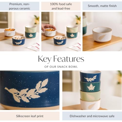 Image of Nestasia Ceramic Snack Bowl Set of 4 (180ml Each) - Dishwasher & Microwave Safe Bowls for Serving Soup, Rice, Dal, & Salad | Spring Leaf Printed Bowls with Matte Finish - Ideal for Gifting