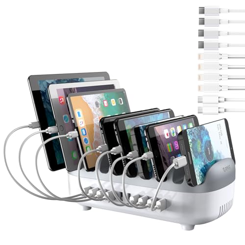 ORICO 120W Charging Station for Multiple Devices, 10 USB Fast Ports with 10 Short Mixed Cables, Charging Stand Organizer for Cell Phones, Smart Phones, Tablets, iWatch, Airpods -White (White)