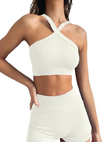 Womens Workout Sets 2 Piece Pack Seamless Ribbed Sports Bra Matching Gym Biker Shorts Set (L54 Beige M) Womens Workout Sets 2 Piece Pack Seamless Ribbed Sports Bra Matching Gym Biker Shorts Set (L54 Beige M)