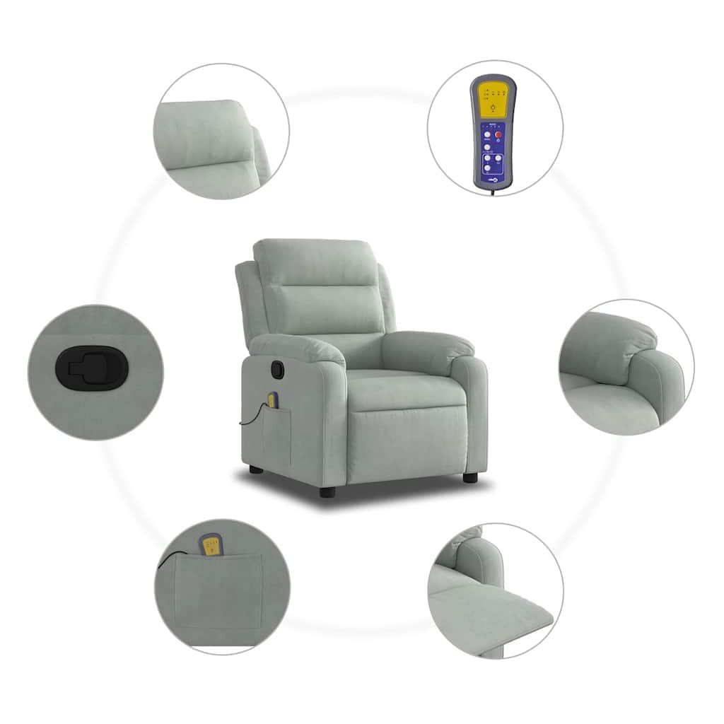 Massagesessel Hellgrau Samt mit 6-Punkt-Vibrationsmassage, manuelle Liegefunktion, Holz Metall Gestell, verstellbare Rückenlehne bis 135 Grad, bequemer Polsterstuhl für Wohnzimmer, Büro