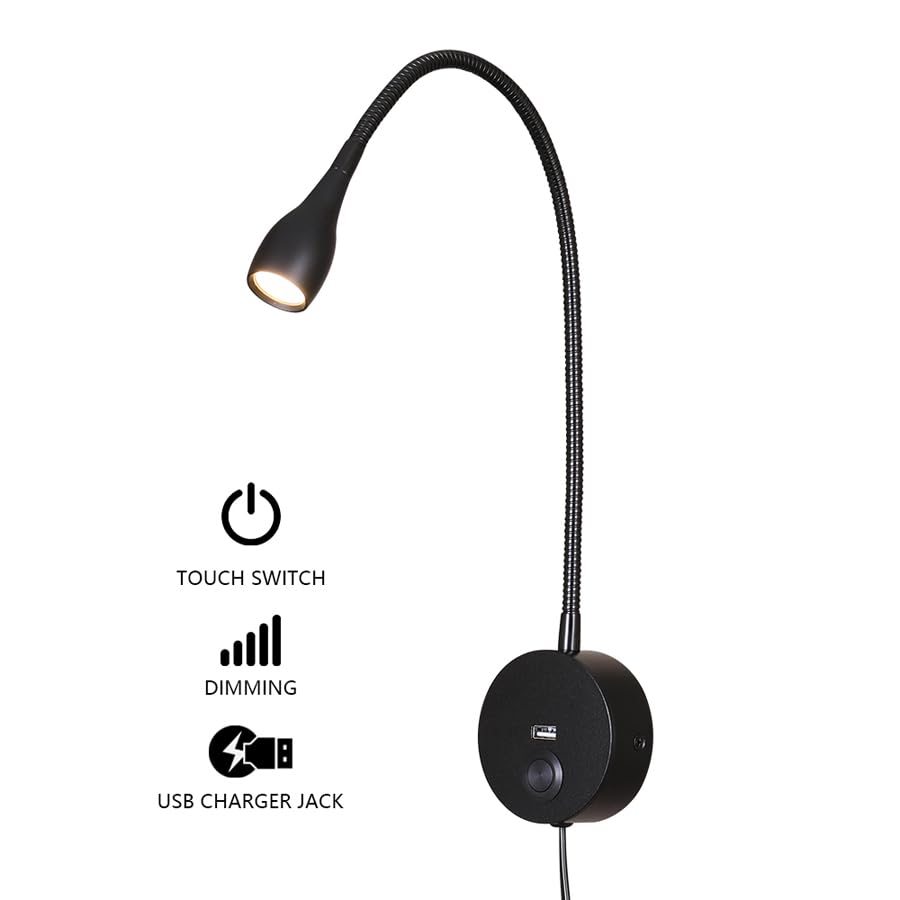 Image of LED Reading Lamp 3W Warm White 3000K Touch Dimming Switch USB A Charger for Reading Books Black Plug Cord 1 Pieces (US028-BK)