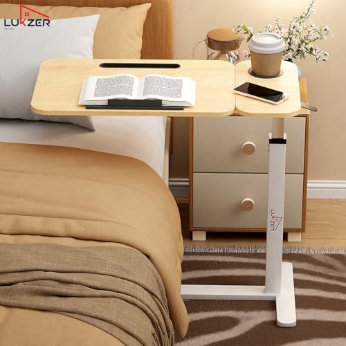 Image of Lukzer MST-003 White Frame Oak Light Tilt Top Overbed Table with Cupholder & Wheels | Adjustable Height Laptop Desk for Bed & Sofa | Rolling Bedside Table for Home, Hospital, Office Use | 40x76x95 cm