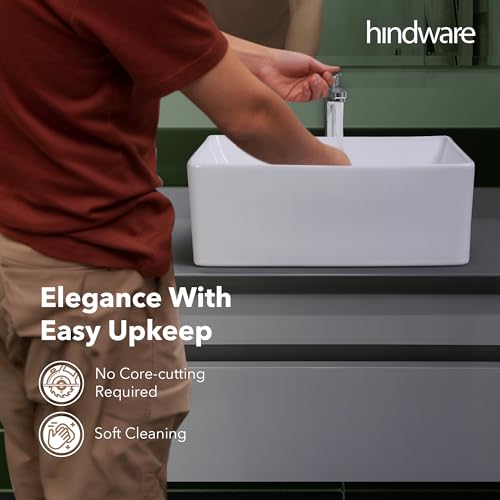 Image of Hindware Tozzo Table Top Wash Basin for Bathroom | Made of Ceramic | Star White | Rectangular Shape | Over the Counter Basin