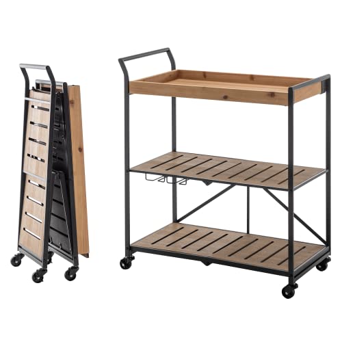 MELLCOM Folding Bar Cart Kitchen Serving Cart on Lockable Wheels 3-Tier Rolling Utility Cart with...