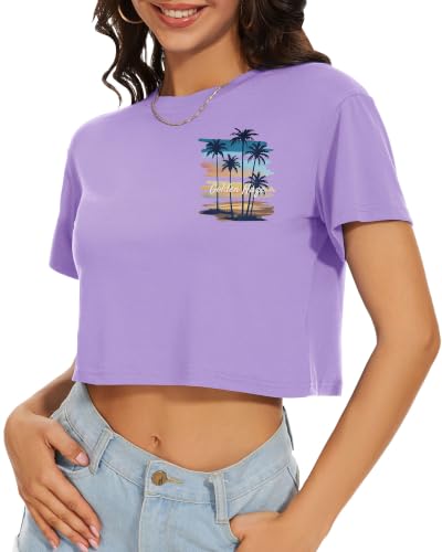 Image of Womens Crop Tops Summer Short Sleeve Round Neck T-Shirts Loose Fit Blouse