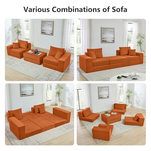 Image of L Shaped Boneless Couch Modular Sectional Sofa, Modern Cozy Corduroy Cloud Couch Loveseat with Ottoman, Memory Foam Convertible Sectional Sleeper Sofas for Living Room, Orange