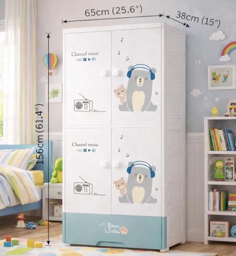 Image of Kids Plastic Wardrobe for Clothes Storage | Baby Cupboard & Almirah with Hanging Rod & Shelves | Portable Collapsible Storage Cabinet for Bedroom | Cartoon Kids Wardrobe