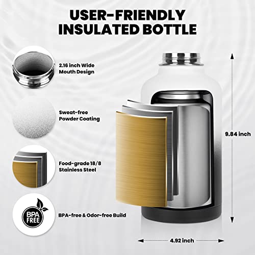 Image of RAYMYLO Insulated Water Bottle 64 oz, Triple Wall Vacuum Stainless Steel (Cold for 48 Hrs), Leak Proof & Non-BPA, Half Gallon Water Flask Jug with Paracord Handle & Straw Spout Lids, White /Black