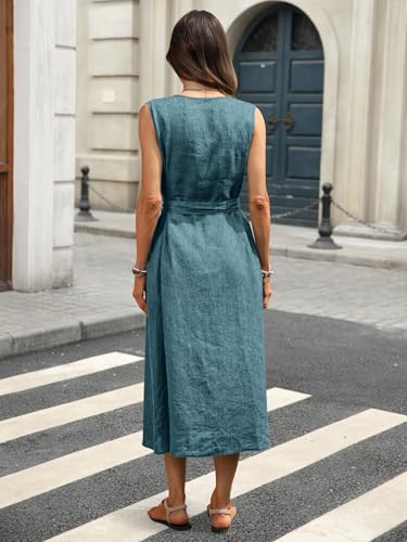 Image of Women's 100% Linen Midi Dress V Neck Sleeveless Tie Waist Side Slit Dresses 2026 Summer Dress with Pocket