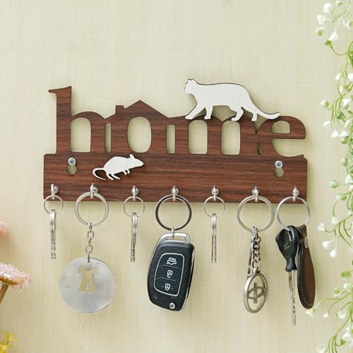 Image of Webelkart Premium Home Keys Wooden Key Holder (29 cm x 13.5 cm x 0.4 cm, Wood) 7 Hook - Decorative Items for Home Decor (Wood Color)