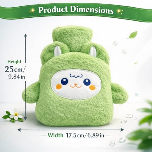 Image of Plush Hot Water Bottle with Soft Cover & Hand Warmer Sleeve 1000ML Heating Bag for Period Cramp, Back Pain & Muscle Aches, Hot & Cold Compress for Shoulder, Stress, Injury & Swelling (Olive Green - Puppy)