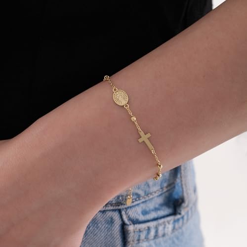 Image of MIONZA Catholic Medal Cross Bracelet for Women | 14K Gold Plated or Solid Gold, Religious Rosary Jewelry, Choose Your Saint Medal Bracelet