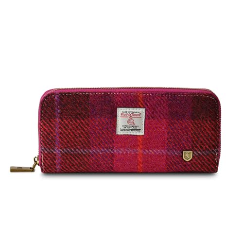 Image of Islander HarrisTweed & PU Leather women's long zip purse, Carry Cash & card, Scottish Style, Fuchisa Tartan
