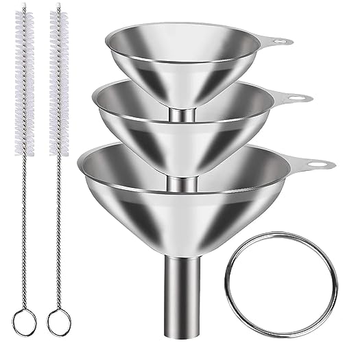 Embudo de acero inoxidable de 6 piezas, embudo grande y pequeño, juego de 3, mini embudos de grado alimenticio para uso en la cocina, botellas de llenado, frasco de cocina, 2 cepillos