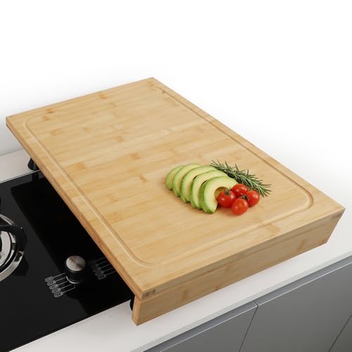 BAMOTTO CRAFTBAMBOO 16 x 22 Inch Bamboo Cutting Board Over-the-Sink Board and Stovetop Cover with Detachable Support Legs & Front Lip for RV Camper and Home Kitchen
