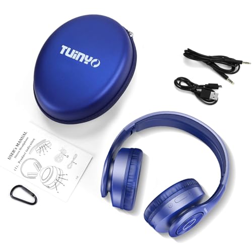 TUINYO Bluetooth Headphones Wireless, Over Ear Stereo Wireless Headset 40H Playtime with deep bass, Soft Memory-Protein Earmuffs, Built-in Mic Wired Mode PC/Cell Phones/TV-Dark Blue