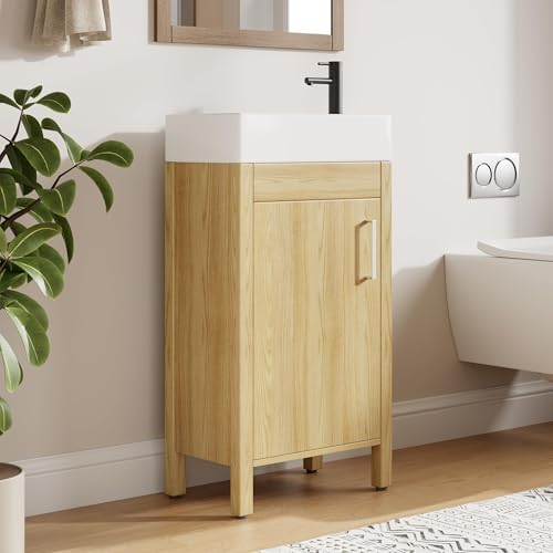 16" Bathroom Vanity with Sink, Freestanding Wooden Single Sink Cabinet, with Soft-Closing Doors & Metal Handle, Modern Vanity Standing Storage for Small Spaces, Natural Wood