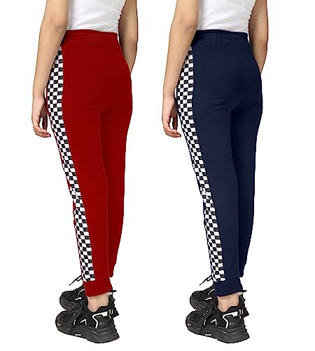 Image of KYDA Kids Girls 100% Cotton Chess Print Track Pants | Elastic Waist Regular Fit | Soft Breathable Kids Casual Wear with Side Pockets Multicolor (Pack of 2)