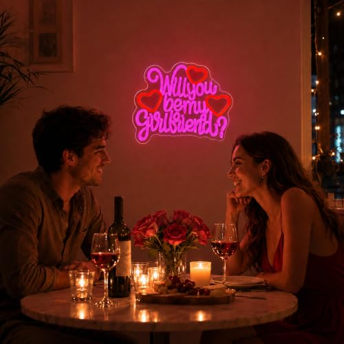 Image of Will You Be My Girlfriend Neon Sign for Wall Decor Pink LED Light Sign for Room Decor Dimmable Light Up Sign for Birthday Party Decoration USB Powered