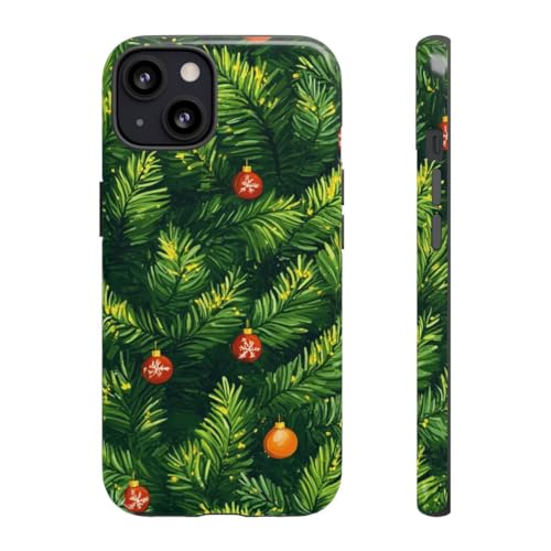 Coque iPhone 13 rigide brillante verte avec branches de pin de Noël