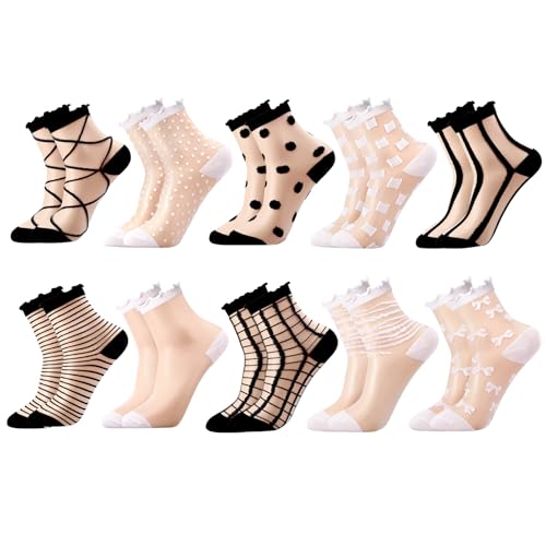 Image of Jspupifip Sheer See Through Socks for Women - Striped Plaid Mesh | Polka Dot & Bow Design Transparent Soft Breathable Fashion Stockings, Lightweight Lace Socks