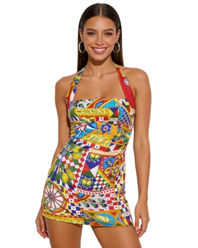 Image of Women's Sexy Halter Tropical Printed Mini Dress Sleeveless A Line Bodycon Dress Backless Party Vacation Dresses