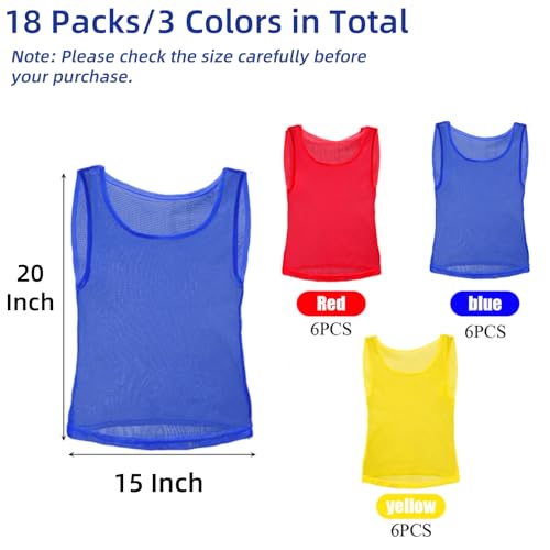 Eorbow 18 Pcs Youth Team Pinnies, Kids Scrimmage Training Vest, 3 Colors 18 Training Pennies, Jerseys Mesh Practice Vests for Basketball, Soccer, Football, Volleyball, Blue, Red, Yellow, Standard - Image 3