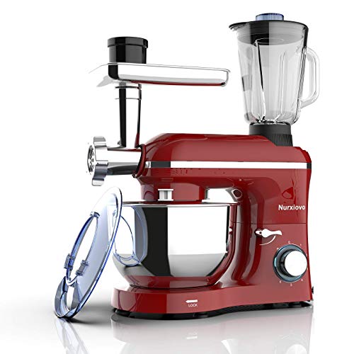 Nurxiovo 3 in 1 Stand Mixer 850W Tilt-Head 65QT Kitchen Food Mixer Multifunction Standing Mixers 6 Speed with Pulse Electric Mixer Meat Blender and Juice Extracter Red