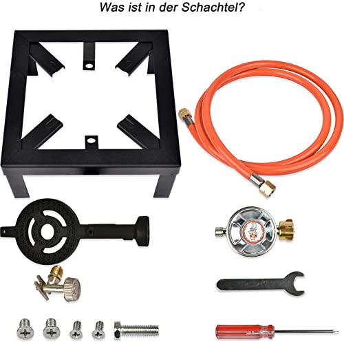Holwim Gaskocher Hockerkocher Tragbarer Campingkocher 4 Bein 6 kw Inklusive CAS-geprüftem 1,5 M Schlauch und 50 bar Druckminderer für Outdoor, Camping