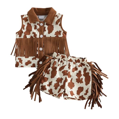 Emmababy Toddler Cowgirl Outfit Girl Button Down Shirt Ruffle Sleeve Tops and Shorts Set Kids Denim Outfits Western Clothes (19 Brown 2-3T)
