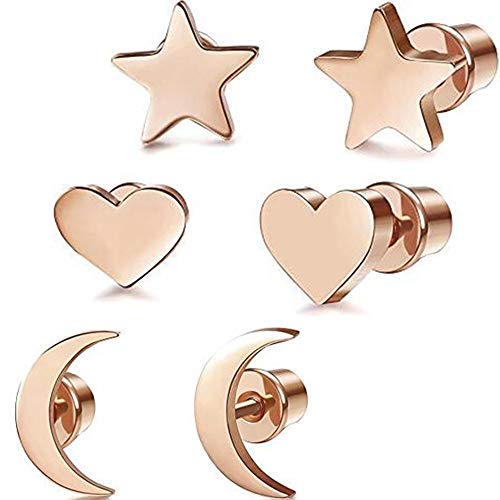 Fu You Pendientes de Acero Inoxidable 3 Pares Aretes de Estrella Luna y Corazón de Las Pequeños Pendientes para Mujer Hombre (Oro Rosa)