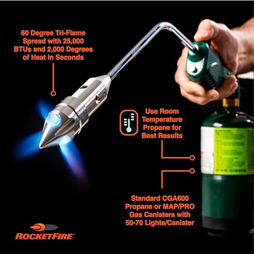 ROCKETFIRE Fire Starter Torch | Perfect Propane Torch Head, Grill Gun, Charcoal Torch | Compatible with Bernzomatic Propane & MAP/PRO Fuels | Stainless Steel Tri-Flame Tip | Fuel NOT Included | Green