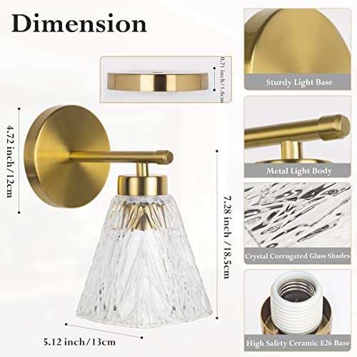 Filiyano Gold Wall Sconces Set Of 2 - Modern Sconces Wall Lighting With Water Rippled Glass Shades, Mid Century Gold Vanity Light Brass Bathroom Light Fixtures Over Mirror For Bedroom Porch Indoor #TOP2