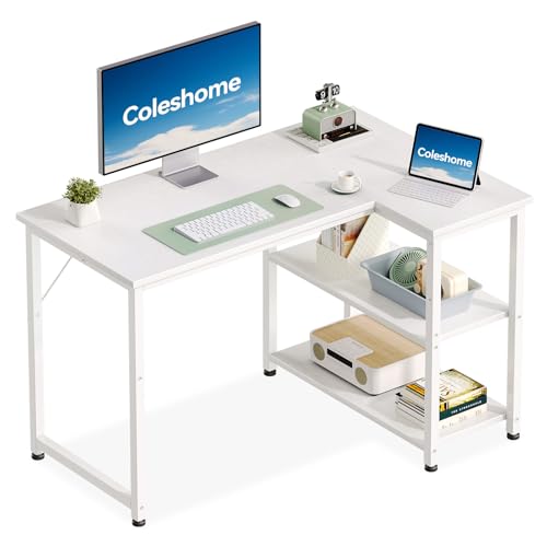 Coleshome L Shaped Computer Desk 100x70 cm Corner Desk Office Desk with Reversible Storage Shelves Writing Study Table for Work Play Home Office White