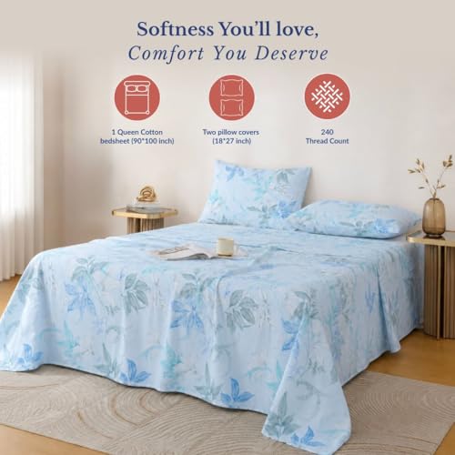 Image of Jaipur Weaves Double Bed Cotton Bedsheet Queen Size 90x100, 100% Pure Cotton Bed Sheet with 2 Pillow Covers, 240 TC Soft Breathable Floral Design - (Aqua Floral, Queen)