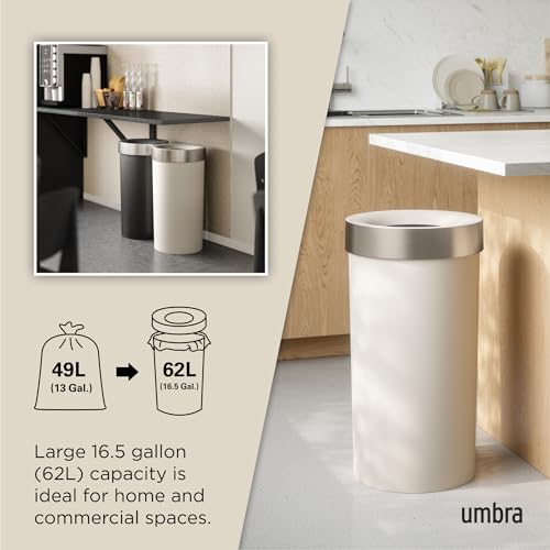 Image of Umbra Vento Kitchen Trash Can, Open Top Bin, 16.5 Gallon, Sand /Nickel | Brushed metal accents, bag concealing design, easy wipe clean, fits home and office, durable plastic