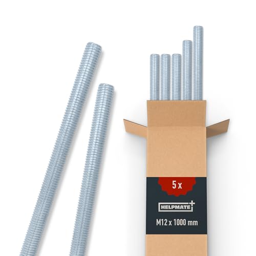 HELPMATE Tige filetée M12 x 1000 mm en acier galvanisé - Lot de 5 tiges filetées métrique entièrement filetée - Vis sans tête classe de résistance 4.8, DIN 976