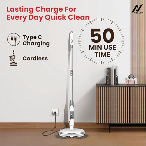 Image of NexLev Cordless Spin Mop|50 Min Runtime|2 Extra Mop Pads | Type C | For Home Kitchen & Office Use | Water Spray Function|Self Propelling|Mopping for All Floor Types|LED for Corners and Underbed|SPM-01