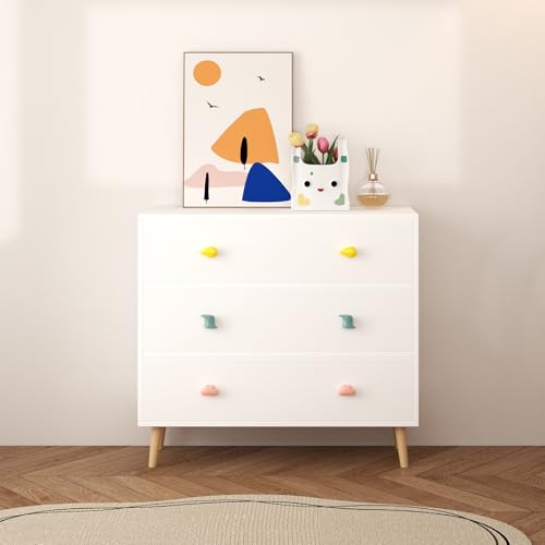 Image of 3-Drawer Chest of Drawers with Colorful Cartoon Handles, Anti-Dumping White Dresser with Solid Wood Legs,Storage Cabinet for Living Room, Closet, Apartment