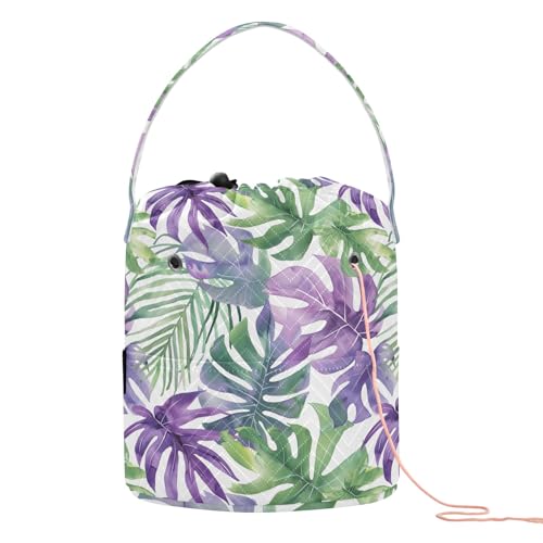 Yarn Storage Bag Small Crochet Bag Knitting Bag Organizer Green Purple Tropical Leaf Yarn Bags for Crocheting Basket