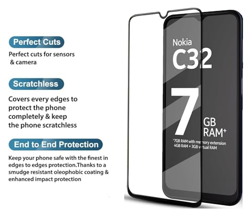 Image of HD Tempered Glass Screen Protector Compatible For Nokia C32 With Edge To Edge Coverage And Easy Installation Kit