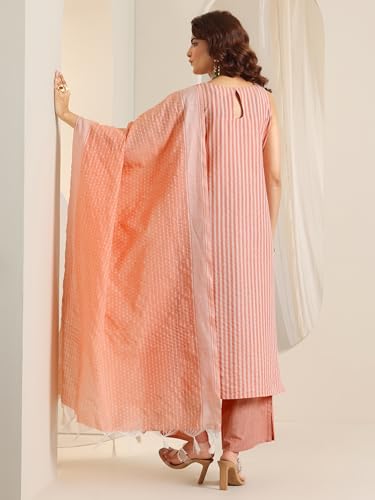 Image of Libas Woven Design Cotton Blend Straight Kurta with Palazzo and Dupatta