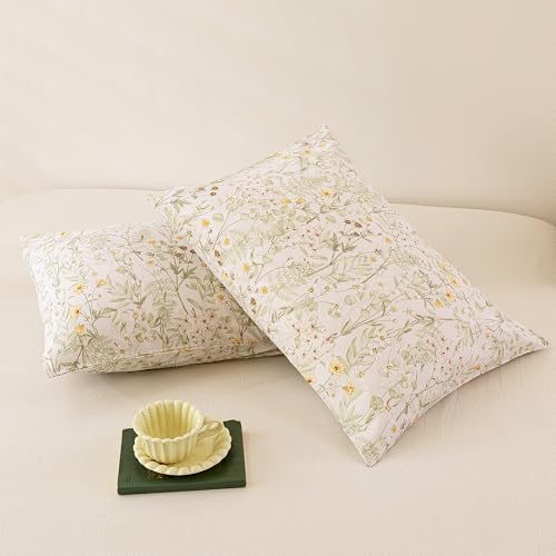 Image of ECOCOTT Floral Pillowcases Queen Size 2 Pack, 100% Washed Cotton Pillow Cases with Envelope Closure, Green Botanical Wildflower Printed Pillow Covers