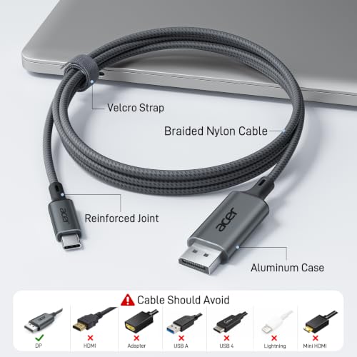 Image of Acer USB C to Display Port Cable 3.3FT (4K@60hz 2K@165Hz), Type-C to Display Port Cord (Sturdy Aluminum, Plug & Play) Thunderbolt 3 /4 /5 Compatible with MacBook Pro /Air, iPhone 16 Pro /Max, XPS,Surface