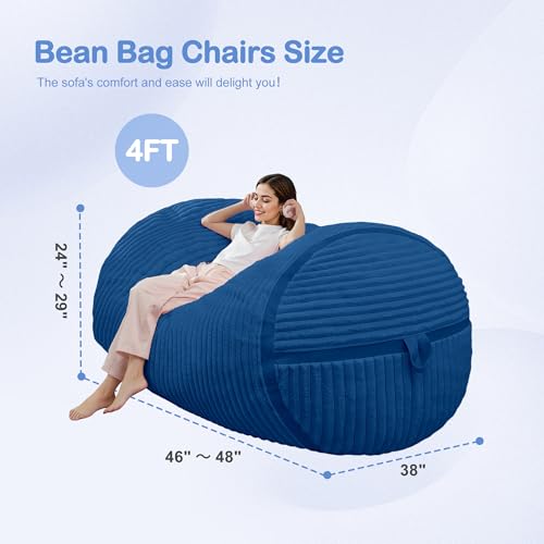 Image of 4FT Bean Bag Chair 4'Big Bean Bag Chairs with Adults, Large Beanbag Chair | Bean bag Lounger with Machine Washable Cover Corded Plush Fabric, Comfy Chairs for Living Room Bedroom Dorm, Blue