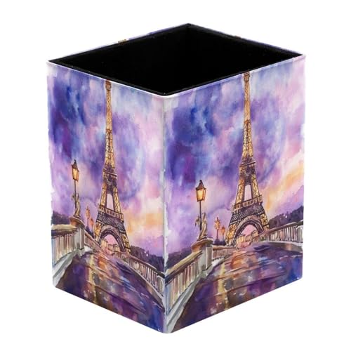 VAPOKF Porte-crayons pour bureau, aquarelle, violet, tour Eiffel, pot à stylos, pinceaux de maquillage, rangement de fournitures de bureau pour la maison et...