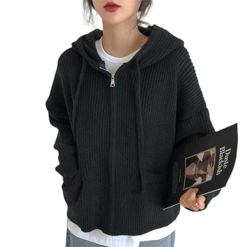 Veste cardigan pull tricoté noir avec capuche coupe ample rétro