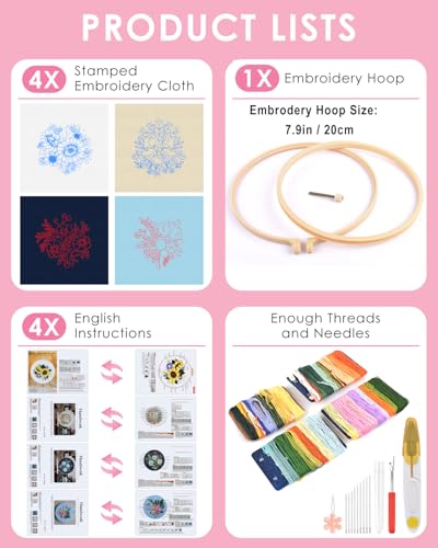 Image of TINDTOP 4 Sets Embroidery Kit for Adults, Floral Embroidery Practice Kit for Beginners Include Embroidery Cloth Hoops Threads for Craft Lover Hand Stitch with Embroidery Skill Techniques | for Beginners Include Embroidery Cloth Hoops Threads for Craft Lover Hand Stitch with Embroidery Skill Techniques