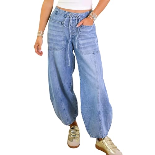 Womens Baggy Barrel Jeans Low Rise Wide Leg Denim Sweatpants Loose Boyfriend Ankle Denim Pants with Drawstring2